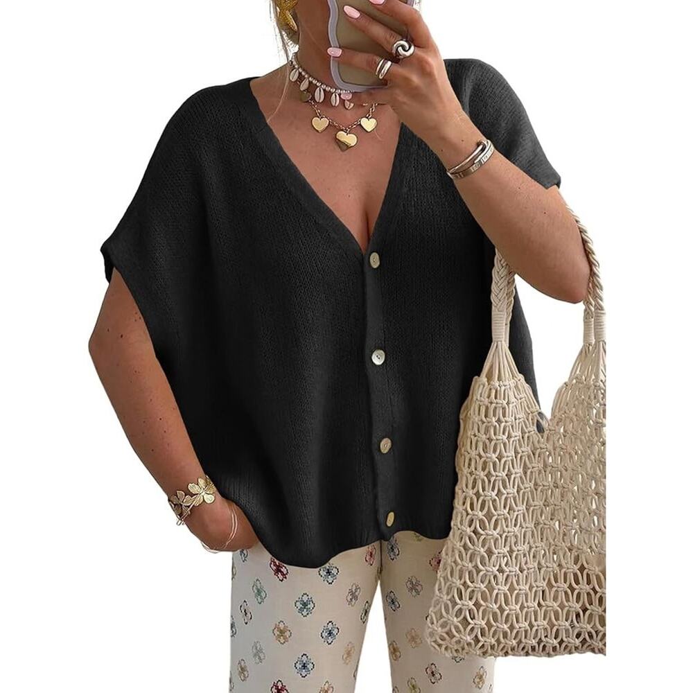 Women's Knit Cardigan Top M Saodimallsu Black Lagenlook Relaxed Fit Minimalist